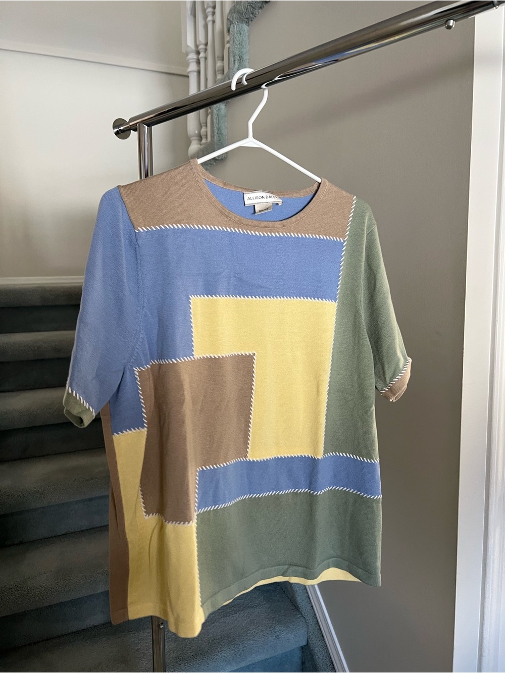 Allison Daley Colorblock Knit Top - Blue, Yellow, Olive, Tan